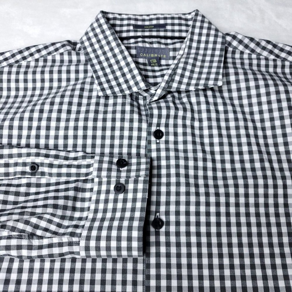 Calibrate Non Iron Check Button Shirt Mens Size L Large Gray Long Sleeve